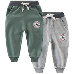 TOKYMOON 2er Pack Kinder Jogginghose Jungen Baumwolle Sweathose Dinosaurier Karikatur Gedruckt Hosen Kinder Sporthose Jogger Hose Jogger Pants 1-7 Jahre Grün + Grau 140 von TOKYMOON