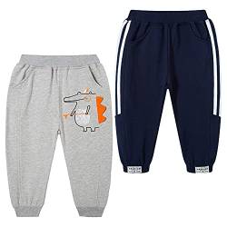 TOKYMOON 2er Pack Kinder Jogginghose Jungen Kinder Hosen Jungs Baumwolle Sweathose Dinosaurier Hosen Sporthose Jogger Pants Hose Babyhose Jogginghose 1-7 Jahre Grau + Königsblau 122-128 von TOKYMOON