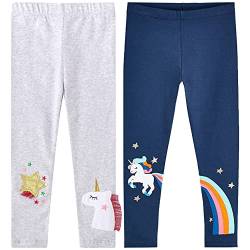 TOKYMOON 2er Pack Mädchen Leggings Kinder Stretch Hosen Mädchen Lange Leggings Sporthosen Baumwolle high Waist bequem Hosen Drucken Leggings Mädchen Einhorn Weiß+Blau 6T von TOKYMOON