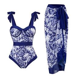 TOKYMOON Badeanzug Damen 2 teilig V Ausschnitt Vintage Badeanzüge Damen Sexy high Waist Swimsuit Bademode Strandkleid bauchweg Push up Bademode Retro Badeanzug Damen Sport Blaue Blume XL von TOKYMOON