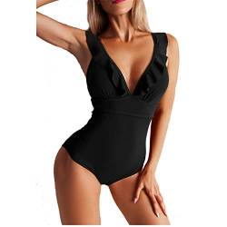 TOKYMOON Damen Badeanzug Push Up Sport Rüschen V Ausschnitt Strandbikini Monokinis Bauchweg Volant Einteilige Bademode Swimsuit Sexy Retro Badeanzug Damen Schwarz M von TOKYMOON