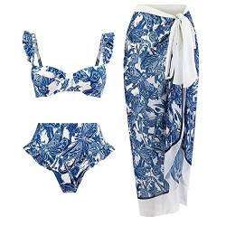 TOKYMOON Damen Bikini Set Rüschen V Ausschnitt High Waist Bikinis Bauchweg Bademode Vintage Blumenmuster Sexy Badeanzug 3 Teilig Damen Retro Schwimmanzug Strandkleid Bikini Blaue Libelle M von TOKYMOON