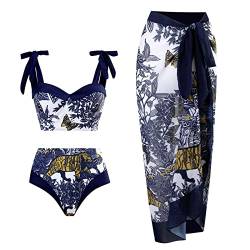 TOKYMOON Damen Bikini Set Rüschen V Ausschnitt High Waist Bikinis Bauchweg Bademode Vintage Blumenmuster Sexy Badeanzug 3 Teilig Damen Retro Schwimmanzug Strandkleid Bikini Tiger M von TOKYMOON