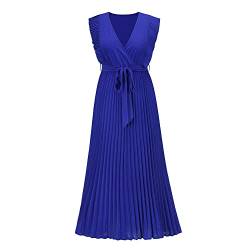 TOKYMOON Damen Chiffon Boho Lange Kleid mit Gürtel Sommerkleid Partykleid Elegant V-Ausschnitt Maxikleid Einfarbig Abendkleid Rüschen Strandkleid Cocktailkleid Strandkleider Blau L von TOKYMOON