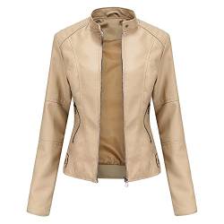 TOKYMOON Damen Lederjacke Kurz Bikerjacke Stehkragen Reißverschluss PU Leder Jacke Langarm Einfarbig Übergangsjacke Lassig Kurzjacke Elegant Mantel Motorradjacke damen Frühling Herbst Beige S von TOKYMOON