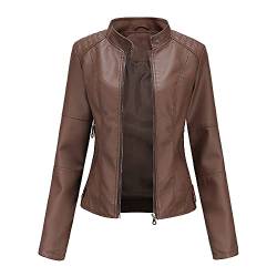 TOKYMOON Damen Lederjacke Kurz Bikerjacke Stehkragen Reißverschluss PU Leder Jacke Langarm Einfarbig Übergangsjacke Lassig Kurzjacke Elegant Mantel Motorradjacke damen Frühling Herbst Braun XS von TOKYMOON