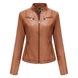 TOKYMOON Damen Lederjacke Kurz Bikerjacke Stehkragen Reißverschluss PU Leder Jacke Langarm Einfarbig Übergangsjacke Lassig Kurzjacke Elegant Mantel Motorradjacke damen Frühling Herbst Kamel1 XS von TOKYMOON