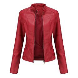 TOKYMOON Damen Lederjacke Kurz Bikerjacke Stehkragen Reißverschluss PU Leder Jacke Langarm Einfarbig Übergangsjacke Lassig Kurzjacke Elegant Mantel Motorradjacke damen Frühling Herbst Rot XL von TOKYMOON