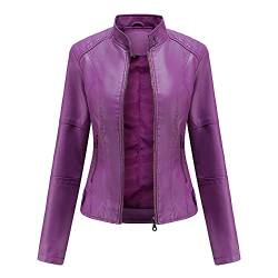 TOKYMOON Damen Lederjacke Kurz Bikerjacke Stehkragen Reißverschluss PU Leder Jacke Langarm Einfarbig Übergangsjacke Lassig Kurzjacke Elegant Mantel Motorradjacke damen Frühling Herbst Violett XL von TOKYMOON