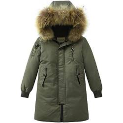 TOKYMOON Daunenjacke Kinder Lang Verdickte Winterjacke Jungen Wintermantel Mädchen Warm Daunenmantel mit Kaputze Outdoorjacke Winddicht Winterparka mit Fellkapuze Armeegrün 122-128 von TOKYMOON