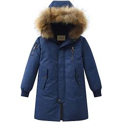 TOKYMOON Daunenjacke Kinder Lang Verdickte Winterjacke Jungen Wintermantel Mädchen Warm Daunenmantel mit Kaputze Outdoorjacke Winddicht Winterparka mit Fellkapuze Dunkelblau 164-170 von TOKYMOON