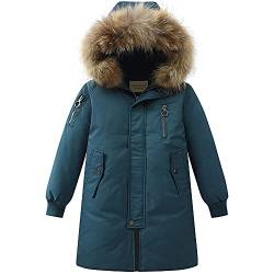 TOKYMOON Daunenjacke Kinder Lang Verdickte Winterjacke Jungen Wintermantel Mädchen Warm Daunenmantel mit Kaputze Outdoorjacke Winddicht Winterparka mit Fellkapuze Dunkelgrün 146-152 von TOKYMOON