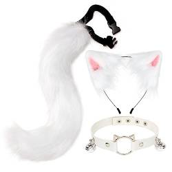 TOKYMOON Halloween Kostüme Fuchspelzschwanz Party Cosplay Set Plüsch Katzenohren Haarspange Haarband Damen Halloween Karneval Fuchs Schwanz Ohren Glockenhals Kragen Kostüm Cosplay Frauen Weiß1 65cm von TOKYMOON