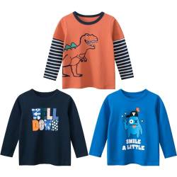 TOKYMOON Jungen Langarmshirt T Shirt Sweatshirt Bedrucktes Baumwolle Oberteil Frühling Herbst 1-7 Jahre 3er Pack Langarm Tshirt Kinder Baumwoll Jungen Tshirt Blau 110 von TOKYMOON