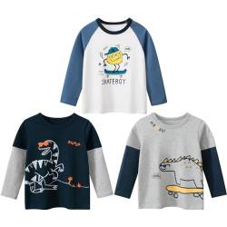 TOKYMOON Jungen Langarmshirt T Shirt Sweatshirt Bedrucktes Baumwolle Oberteil Frühling Herbst 1-7 Jahre 3er Pack Langarm Tshirt Kinder Baumwoll Jungen Tshirt Dino 110 von TOKYMOON