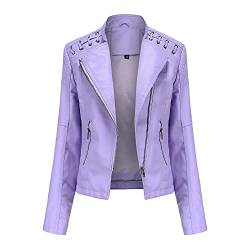 TOKYMOON Lederjacke Damen Kurz Bikerjacke Reverskragen Reißverschluss Motoradjacke PU Leder Jacke Übergangsjacke für Frühling Herbst Kurz Moto Biker Mantel Mode Lederjacke Damen Helllila 4XL von TOKYMOON