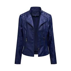 TOKYMOON Lederjacke Damen Kurz Bikerjacke Reverskragen Reißverschluss Motoradjacke PU Leder Jacke Übergangsjacke für Frühling Herbst Kurz Moto Biker Mantel Mode Lederjacke Damen Marineblau M von TOKYMOON