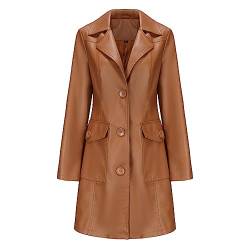 TOKYMOON Lederjacke Damen Lang Elegant Trenchcoat Damen Ledermantel Reverskragen Knöpfen Einfarbige Kunstleder Übergangsjacke Langarm PU Leder Jacke Windjacke Lederjacke Braun L von TOKYMOON