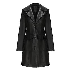 TOKYMOON Lederjacke Damen Lang Elegant Trenchcoat Damen Ledermantel Reverskragen Knöpfen Einfarbige Kunstleder Übergangsjacke Langarm PU Leder Jacke Windjacke Lederjacke Schwarz XXL von TOKYMOON