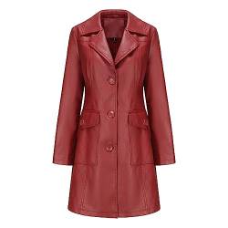 TOKYMOON Lederjacke Damen Lang Elegant Trenchcoat Damen Ledermantel Reverskragen Knöpfen Einfarbige Kunstleder Übergangsjacke Langarm PU Leder Jacke Windjacke Lederjacke Weinrot L von TOKYMOON