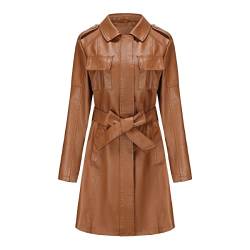 TOKYMOON Lederjacke Damen Lang Elegant Trenchcoat Damen Ledermantel Reverskragen Reißverschluss Einfarbige Kunstleder Übergangsjacke Langarm PU Leder Jacke Windjacke Lederjacke Braun 1 L von TOKYMOON