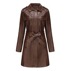 TOKYMOON Lederjacke Damen Lang Elegant Trenchcoat Damen Ledermantel Reverskragen Reißverschluss Einfarbige Kunstleder Übergangsjacke Langarm PU Leder Jacke Windjacke Lederjacke Kaffee 1 3XL von TOKYMOON