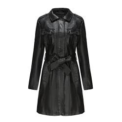 TOKYMOON Lederjacke Damen Lang Elegant Trenchcoat Damen Ledermantel Reverskragen Reißverschluss Einfarbige Kunstleder Übergangsjacke Langarm PU Leder Jacke Windjacke Lederjacke Schwarz 1 L von TOKYMOON