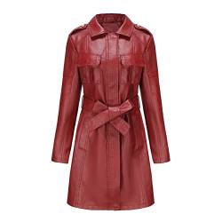 TOKYMOON Lederjacke Damen Lang Elegant Trenchcoat Damen Ledermantel Reverskragen Reißverschluss Einfarbige Kunstleder Übergangsjacke Langarm PU Leder Jacke Windjacke Lederjacke Weinrot 1 3XL von TOKYMOON