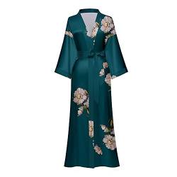 TOKYMOON Morgenmantel Damen Satin Maxi Lang Seide Kimono Morgenmantel Kleid Blumen Muster Kimono Leichter Bademantel Damen Sommer Lange Robe Schlafmantel Girl Pajama Party Dunkelgrün von TOKYMOON