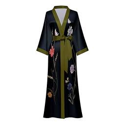 TOKYMOON Morgenmantel Damen Satin Maxi Lang Seide Kimono Morgenmantel Kleid Blumen Muster Kimono Leichter Bademantel Damen Sommer Lange Robe Schlafmantel Girl Pajama Party Schwarz von TOKYMOON