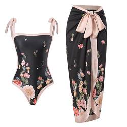 TOKYMOON Retro Badeanzug Damen Bikini Set v Ausschnitt Sexy high Waist Vintage Floral Print Monokini Badeanzüge Bademode Damen Tankini Badeanzug Wrap Beach Skirt Elegant Swimsuit Schwarz XL von TOKYMOON