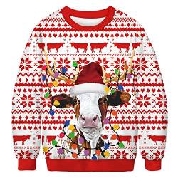 TOKYMOON Unisex Ugly Christmas Sweater Weihnachtspullover Herren Lustige 3D Weihnachtskatze Langarm Sweatshirt Damen Xmas hässliches Weihnachten Pullover Rundhals Weihnachtspulli Kuh XL von TOKYMOON