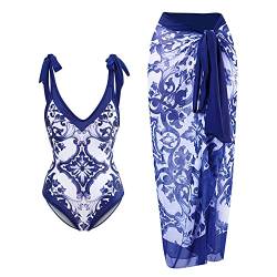 TOKYMOON Zweiteiliger Damen Badeanzug Sport v Ausschnitt Vintage Badeanzüge Damen Sexy high Waist Badeanzug Swimsuit Bademode Strandkleid Push up Retro Badeanzug Monokini Bauchweg Blau+Weiß L von TOKYMOON