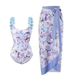 TOKYMOON Zweiteiliger Damen Badeanzug Sport v Ausschnitt Vintage Badeanzüge Damen Sexy high Waist Badeanzug Swimsuit Bademode Strandkleid Push up Retro Badeanzug Monokini Bauchweg Blaue Blumen L von TOKYMOON