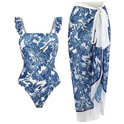 TOKYMOON Zweiteiliger Damen Badeanzug Sport v Ausschnitt Vintage Badeanzüge Damen Sexy high Waist Badeanzug Swimsuit Bademode Strandkleid Push up Retro Badeanzug Monokini Bauchweg Blaue Libelle L von TOKYMOON