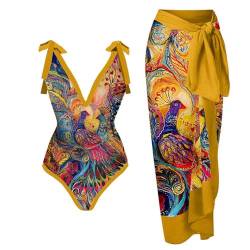 TOKYMOON Zweiteiliger Damen Badeanzug Sport v Ausschnitt Vintage Badeanzüge Damen Sexy high Waist Badeanzug Swimsuit Bademode Strandkleid Push up Retro Badeanzug Monokini Bauchweg Gelber Pfau S von TOKYMOON