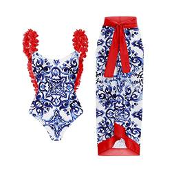 TOKYMOON Zweiteiliger Damen Badeanzug Sport v Ausschnitt Vintage Badeanzüge Damen Sexy high Waist Badeanzug Swimsuit Bademode Strandkleid Push up Retro Badeanzug Monokini Bauchweg Rote Blumen L von TOKYMOON