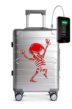 TOKYOTO Aluminium Trolley Handgepäck-Koffer Kabinentrolley mit 4 Rollen 55x35x20 / Hartschalenkoffer, Suitcase, Reisekoffer klein für Unterwegs/TSA-Schloss & USB-Anschluss Silver Skull von TOKYOTO