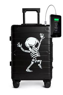 TOKYOTO Aluminium Trolley Handgepäck-Koffer mit 4 Rollen 55x35x20 / Hartschalenkoffer, Suitcase, Reisekoffer klein für Unterwegs/TSA-Schloss & USB-Anschluss Black Skull von TOKYOTO