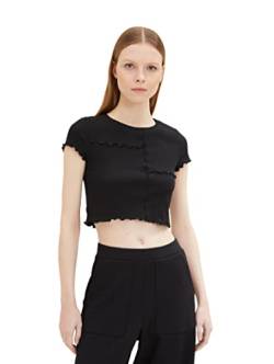 TOM TAILOR Denim Damen 1035369 Cropped T-Shirt mit Rollsaum, 14482-Deep Black, M von TOM TAILOR Denim