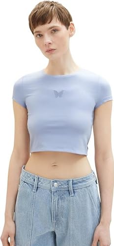 TOM TAILOR Denim Damen 1036541 Cropped T-Shirt mit Print & Cut Out Details, 12819-Parisienne Blue, M von TOM TAILOR Denim