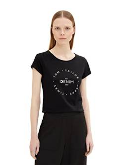 TOM TAILOR Denim Damen 1036905 Basic T-Shirt mit Logo-Print, 14482-Deep Black, XS von TOM TAILOR Denim