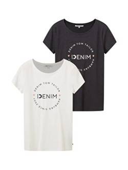 TOM TAILOR Denim Damen 1037233 Slim Fit T-Shirt Mit Logo-Print Im Doppelpack, 10522 - Shale Grey Melange, XL EU von TOM TAILOR Denim