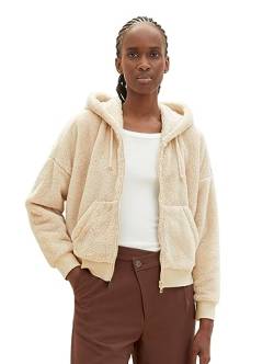 TOM TAILOR Denim Damen 1038746 Cropped Teddy Sweatjacke mit Kapuze, 31700-dusty Sand beige, XXL von TOM TAILOR Denim