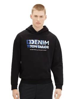 TOM TAILOR Denim Herren Relaxed Fit Hoodie Sweatshirt mit Logo-Print, Black, XS von TOM TAILOR Denim