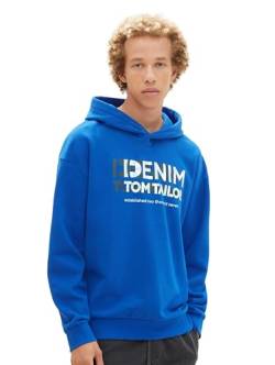 TOM TAILOR Denim Herren Relaxed Fit Hoodie Sweatshirt mit Logo-Print, shiny royal blue, L von TOM TAILOR Denim