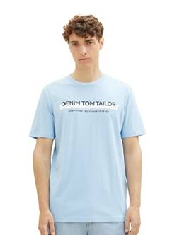 TOM TAILOR Denim Herren Slim Fit T-Shirt mit Logo-Print aus Baumwolle, washed out middle blue, S von TOM TAILOR Denim