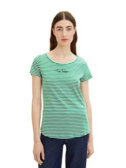 TOM TAILOR Damen 1036192 Basic T-Shirt mit Schriftzug, 32066 - Small Green Offwhite Stripe, XS von TOM TAILOR