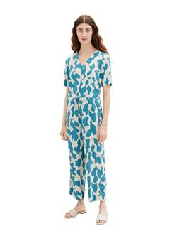 TOM TAILOR Damen 1036807 Jumpsuit Overall mit V-Ausschnitt & Kordel, 32146-Petrol Big Abstract Design, 40 von TOM TAILOR