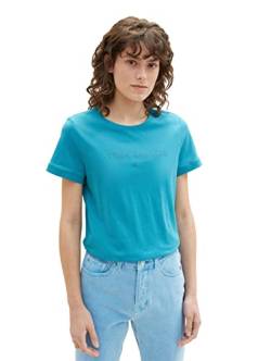 TOM TAILOR Damen 1038453 T-Shirt mit Schriftzug, 31668-Petrol Green, XS von TOM TAILOR